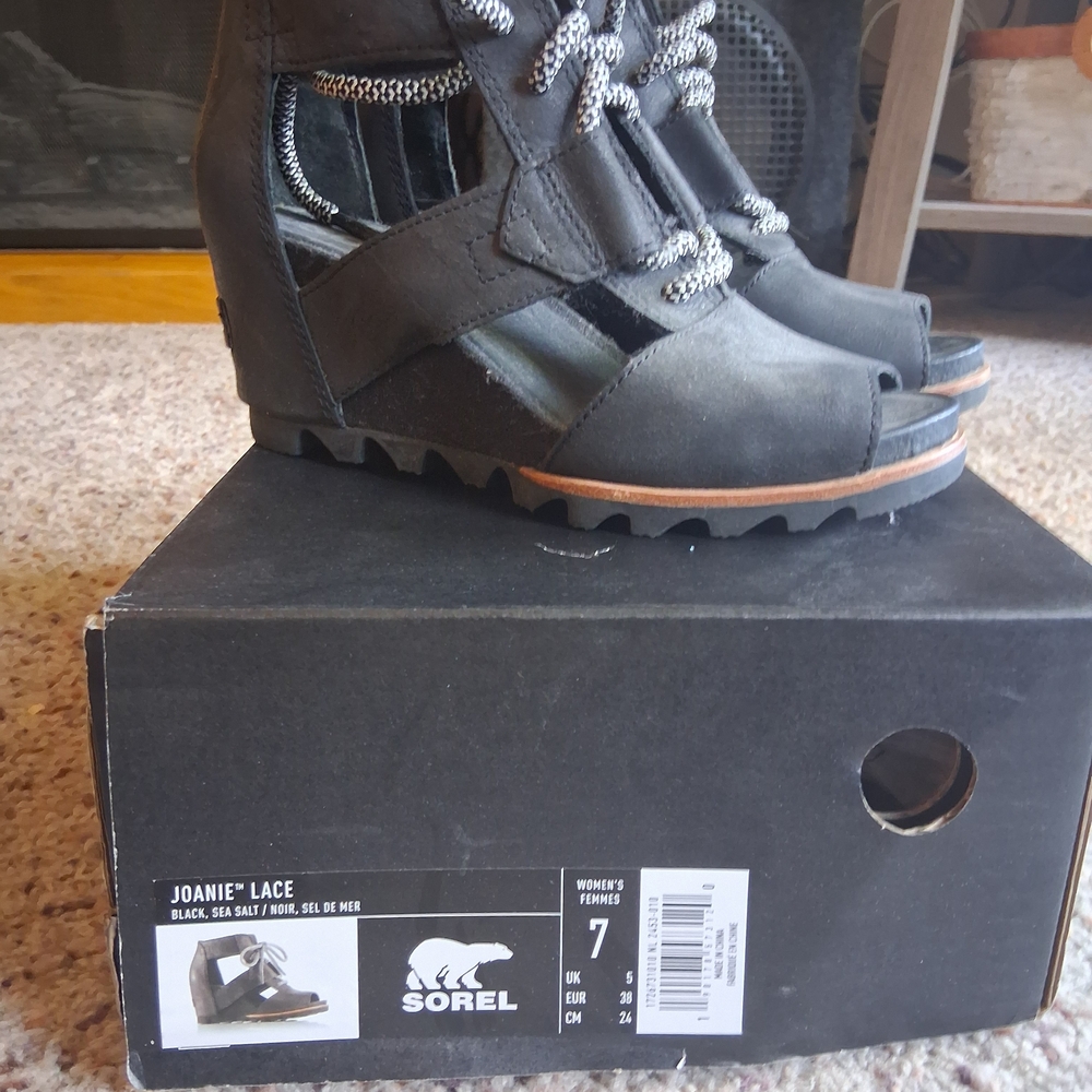 Sorel Black Joanie Lace Wedge Sandals